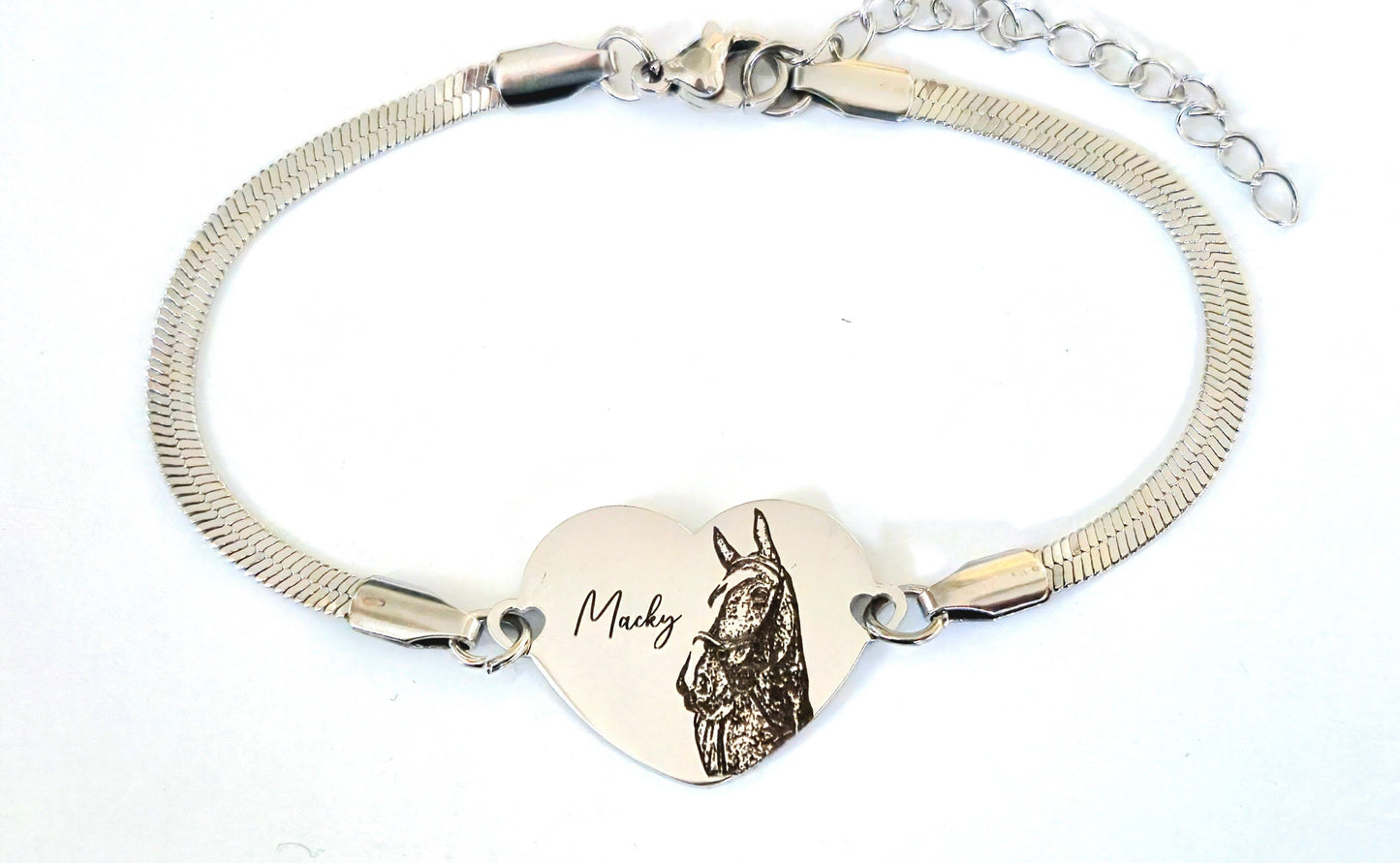 Personalised Horse Photo Bracelet – 20mm Heart Engraved in Silver or Gold (15cm + Extension)