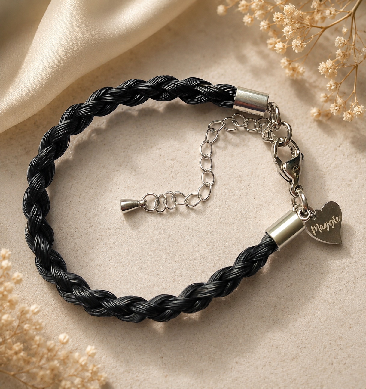 Horse hair / tail woven bracelet with engraved heart fob.