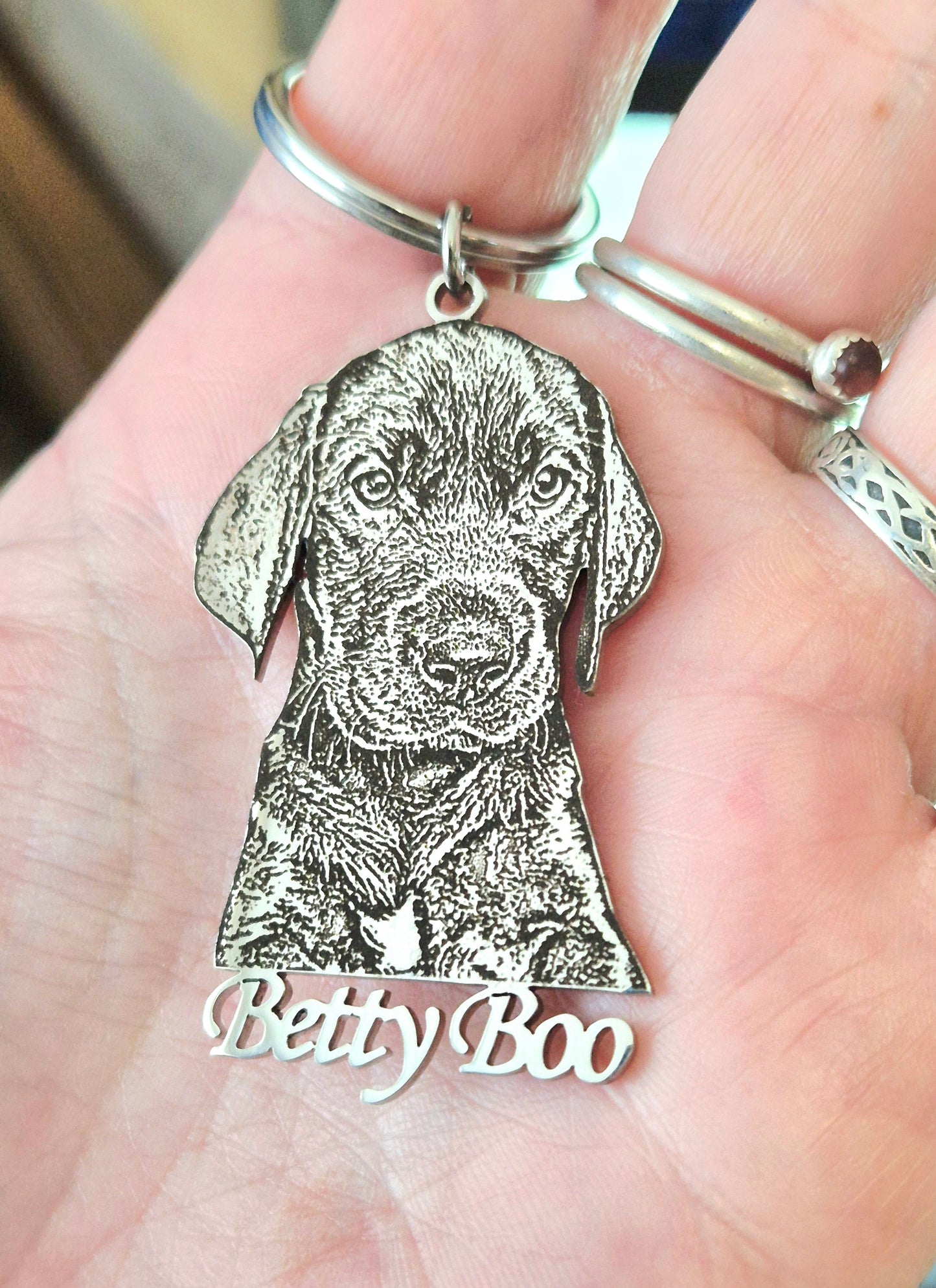 Personalised Stainless Steel Photo Cut-Out | Custom Pet, Portrait & Vehicle Keepsake | Engraved Photo Charm with text along the bottom