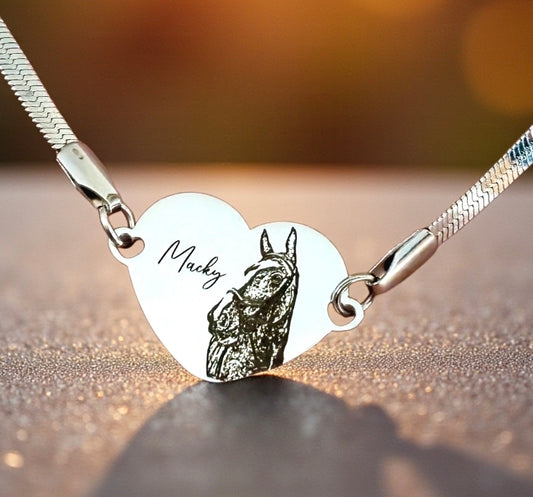 Personalised Horse Photo Bracelet – 20mm Heart Engraved in Silver or Gold (15cm + Extension)