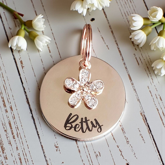 Daisy pet ID tag with sparkly daisy charm. Silver, gold or rose gold.