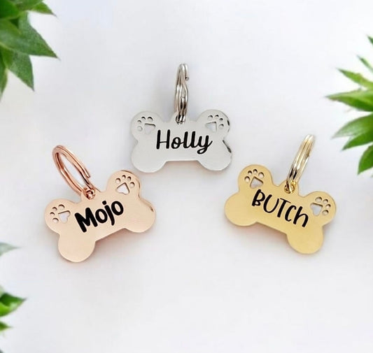 Puppy sized Bone pet tags engraved, available in silver, gold, rose gold. 25mm.