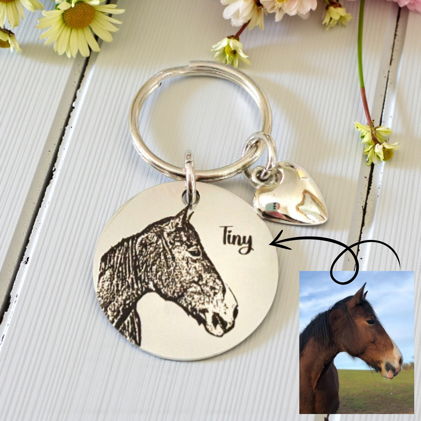 Horse Photo Keyring – Equestrian Gift, Engraved Stainless Steel Keychain, Personalised Keepsake
