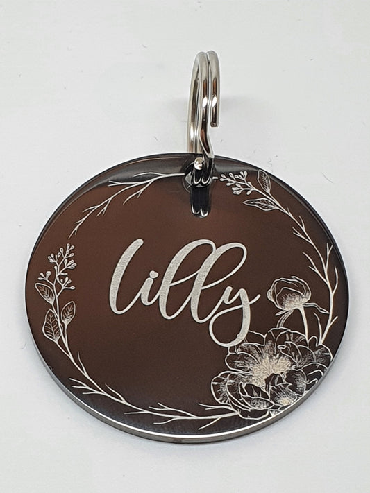 Laser Engraved stainless steel disk with Peony wreath