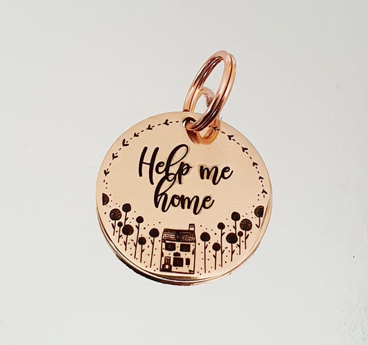 Laser Engraved stainless steel disk with 'Help me home' design