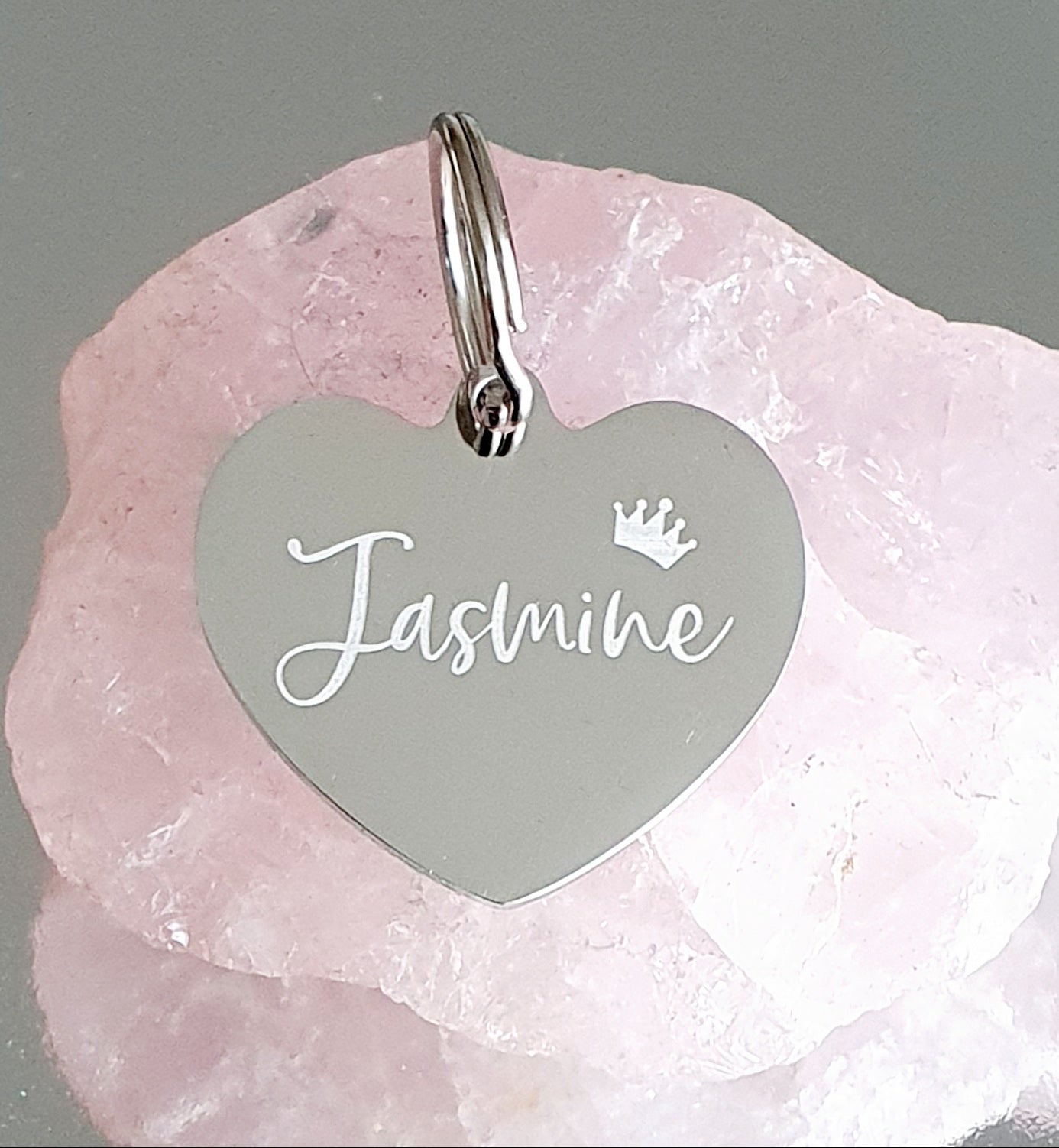 Silver laser engraved crown design heart ID tag.