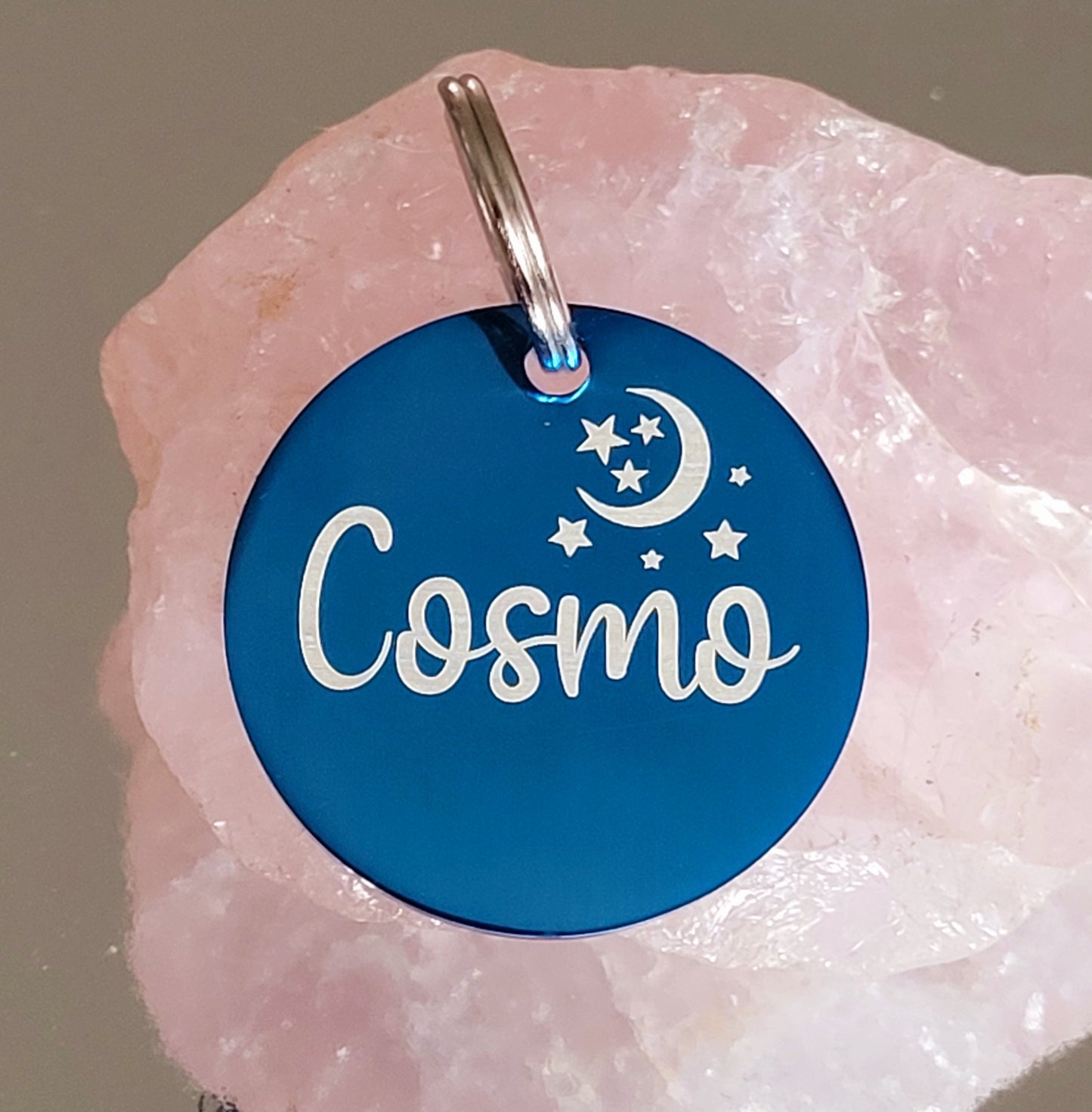 Stainless steel disk with moon and star design.