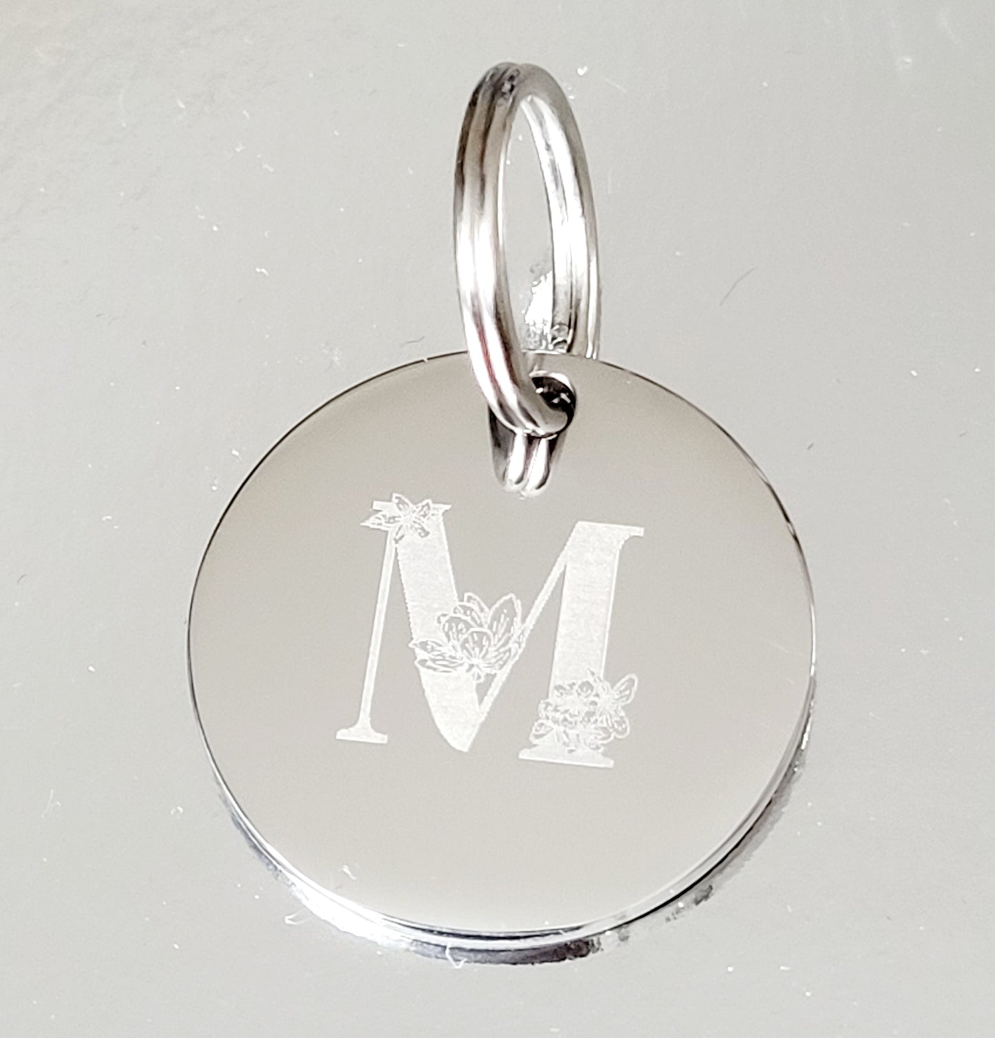 Floral initial Laser Engraved stainless steel disk ID tag