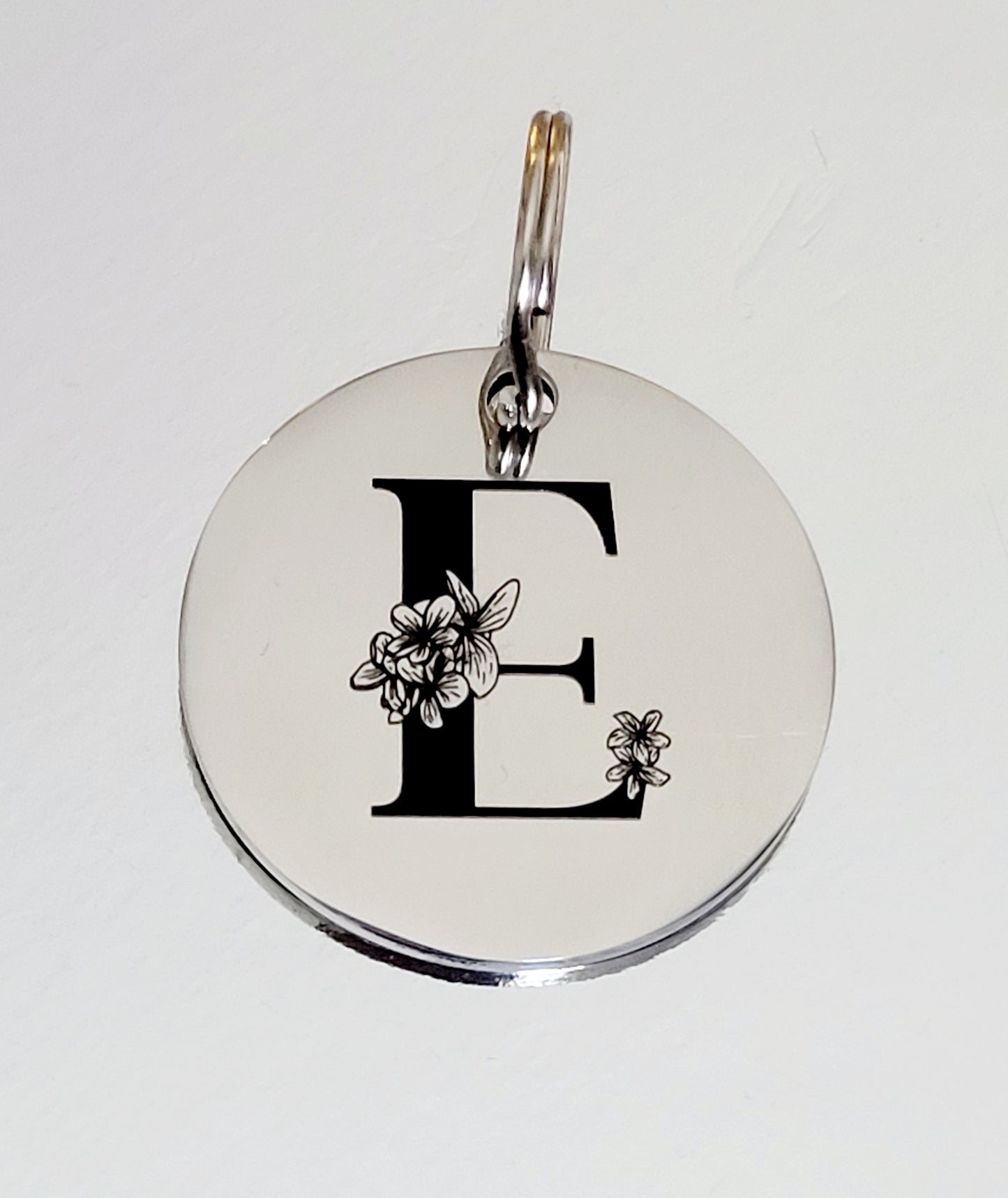 Floral initial Laser Engraved stainless steel disk ID tag