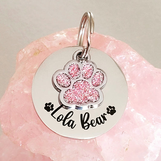 Sparkly paw and steel disk combo ID tag