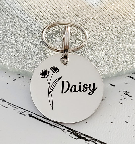 Birth flower keyring, with personalised message and gift box.