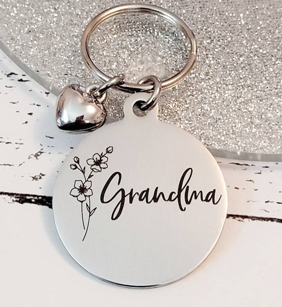 Birth flower mothers day keyring, with personalised message and gift box.