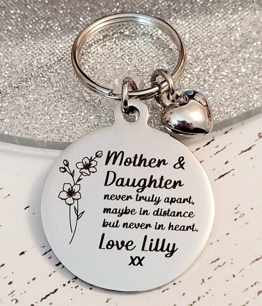 Birth flower mothers day keyring, with personalised message and gift box.